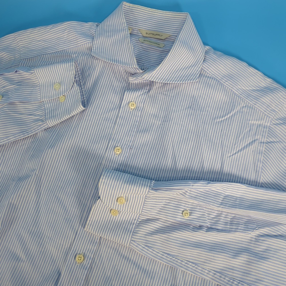 Suitsupply Mens Egyptian Cotton Striped Dress Shirt Blue White 16L 41-7 H5019U